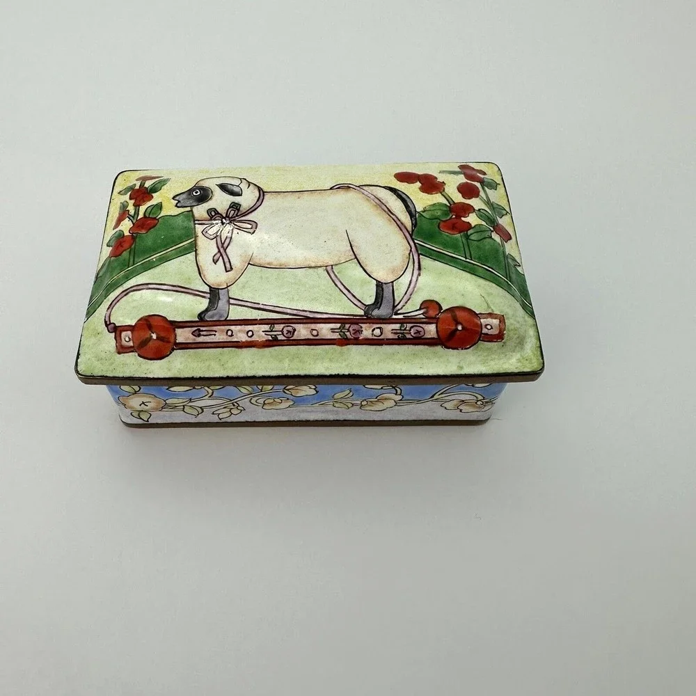 Chinemel Enamel Box Hand-Painted by Yee Sheep Floral Vintage Trinket Box